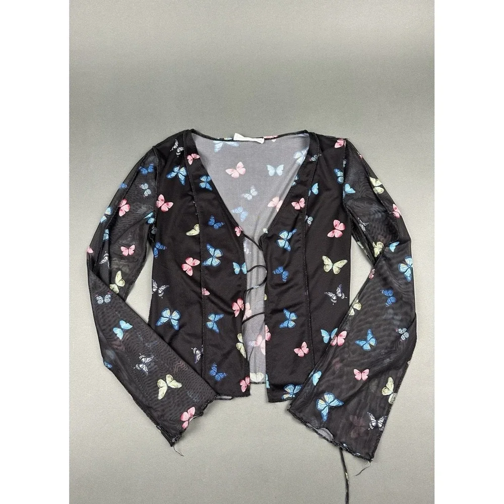 Elodie Butterfly Mesh Cardigan Women Large Black Tie Front Split Bell Sleeve Y2K